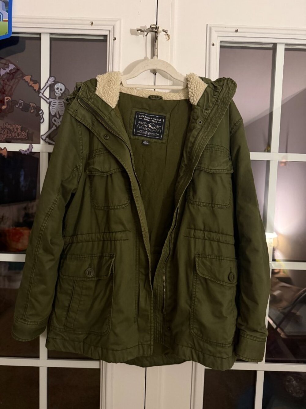 American Eagle Olive Green Military Utility Jacket Sherpa Lined Hood - Size LG